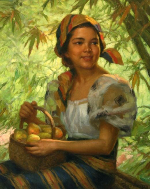 1949 Girl with a Basket of Mangoes - amorsolo, lady - оригинал