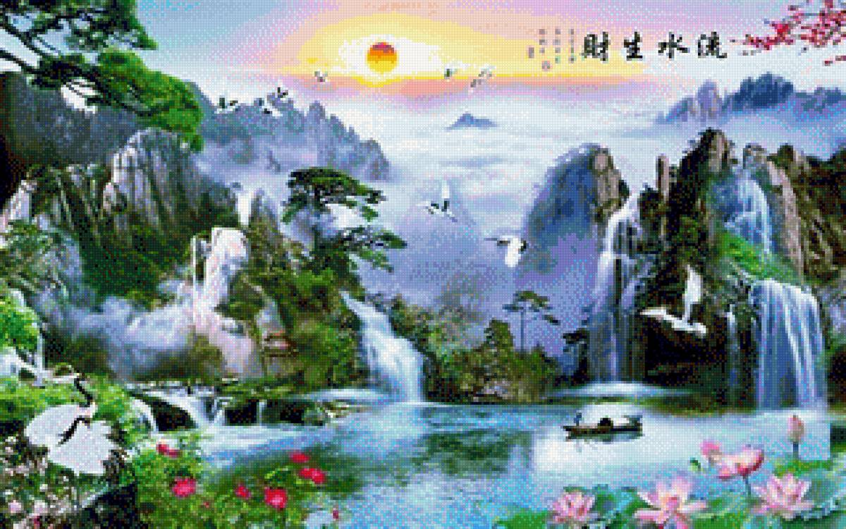 Crane Paradise - waterfalls, crane, birds - предпросмотр