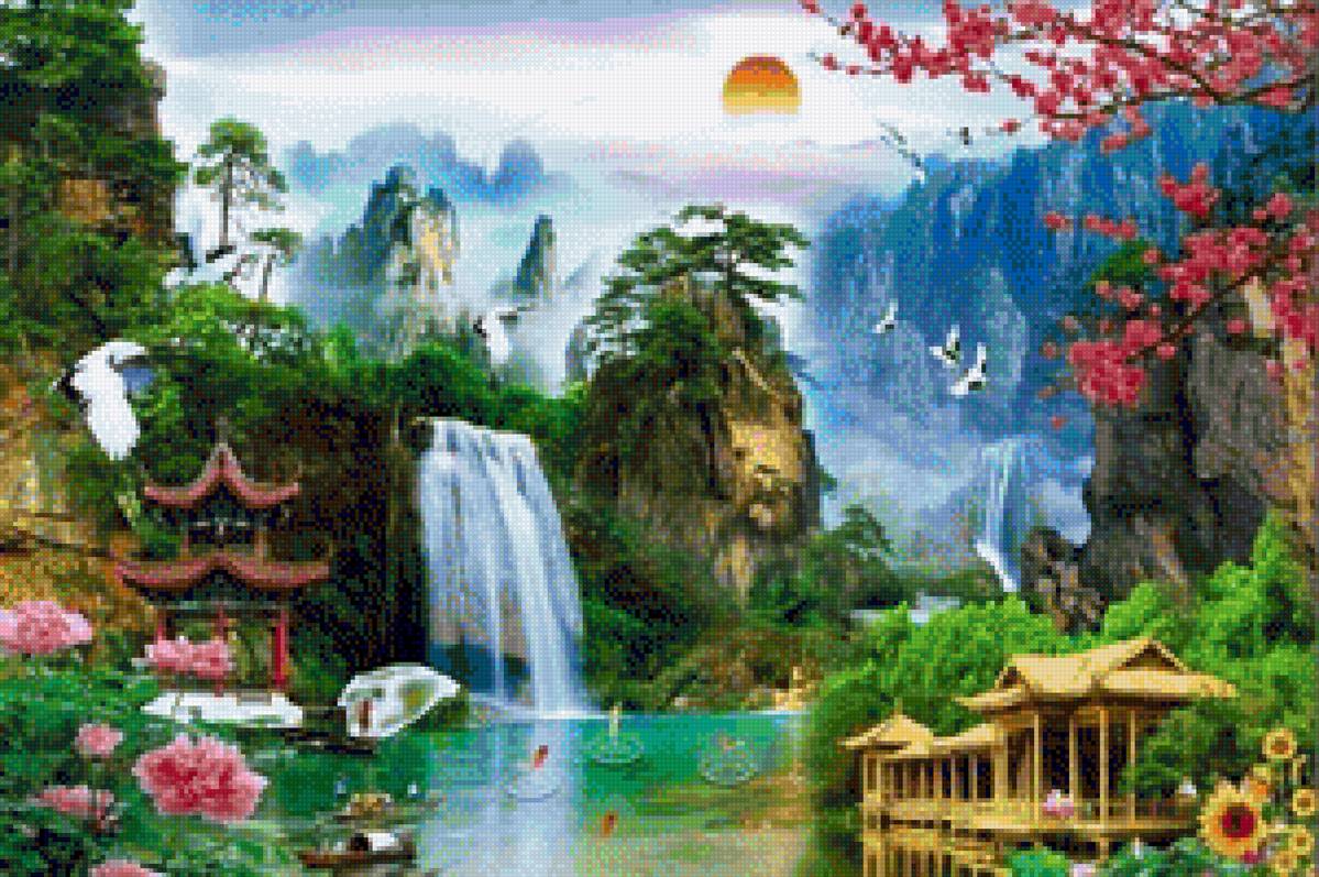 Crane Paradise - waterfalls, birds, crane - предпросмотр