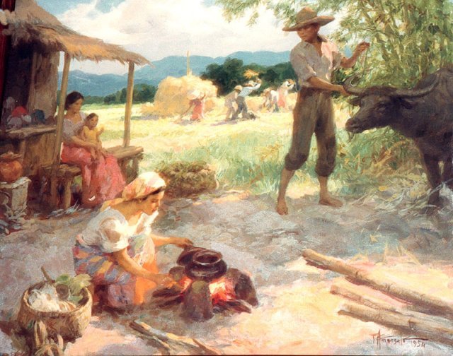 1954 Village Life - amorsolo, painting - оригинал