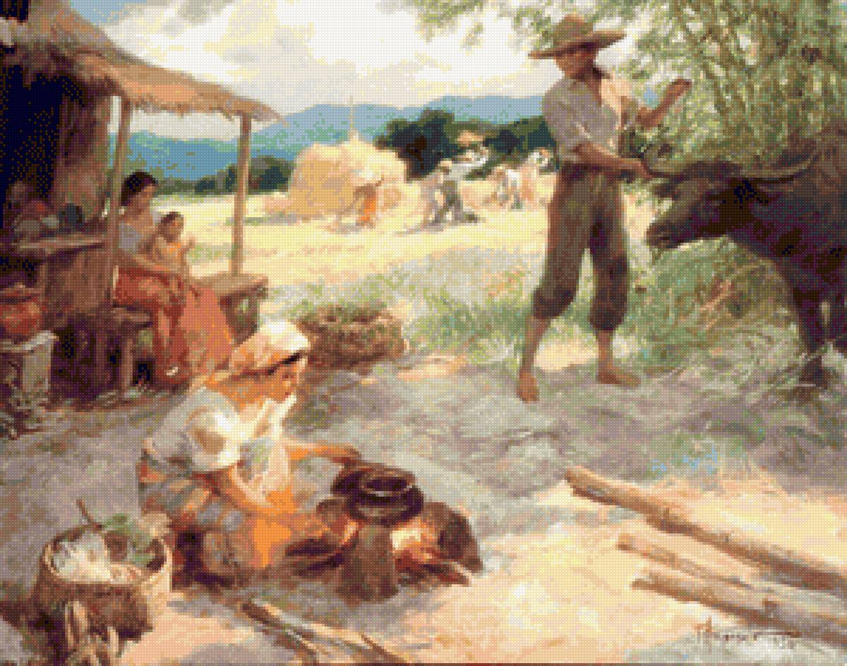 1954 Village Life - amorsolo, painting - предпросмотр