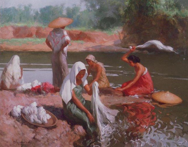 1925 Labanderas at the Riverbank - amorsolo, painting - оригинал