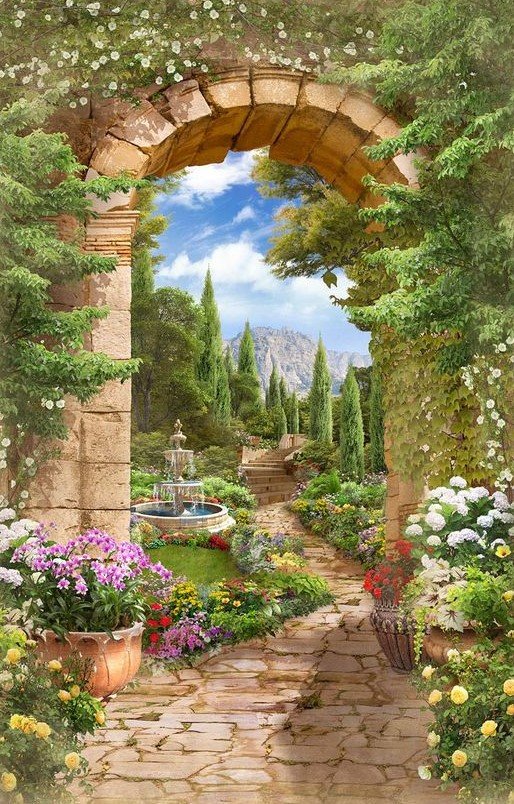 Пейзаж - арка, лето, пейзаж, горы, цветы - оригинал