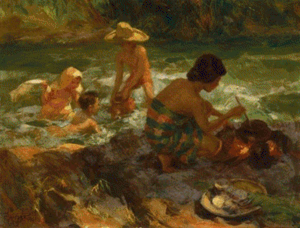 1941 Bathing and Cooking by the River - painting, amorsolo - предпросмотр