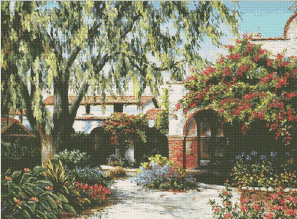 mission view - felisky, landscape, barbra, trees, flowers, mission - предпросмотр