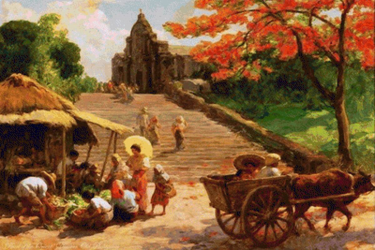 1953 Sunday Morning in the Poblacion - amorsolo, painting - предпросмотр