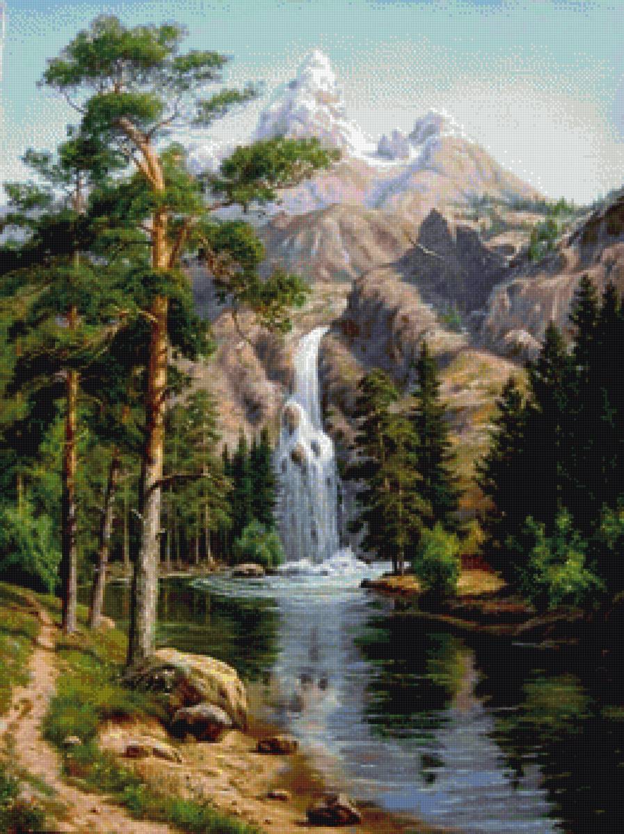 Водопад в горах - сосны, горы, водопад, пейзаж, озеро - предпросмотр