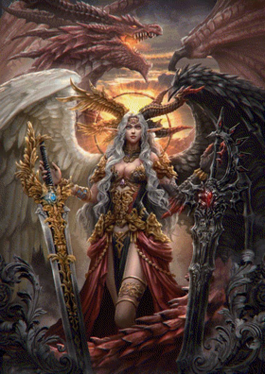 Она и дракон - портрет, дракон, фантастика, фэнтези, живопись - предпросмотр
