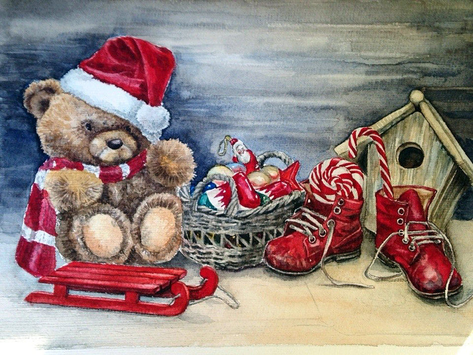 М Мишкарева - игрушки, мишка, зима, новогодняя - оригинал