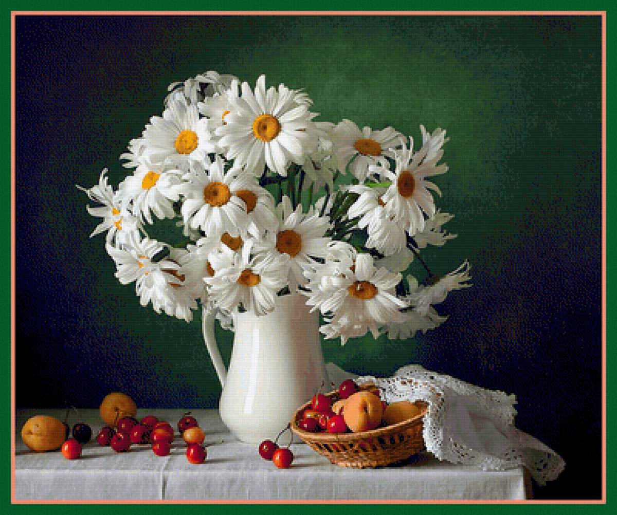 Натюрморт - букет, ромашки, цветы, фрукты, натюрморт - предпросмотр
