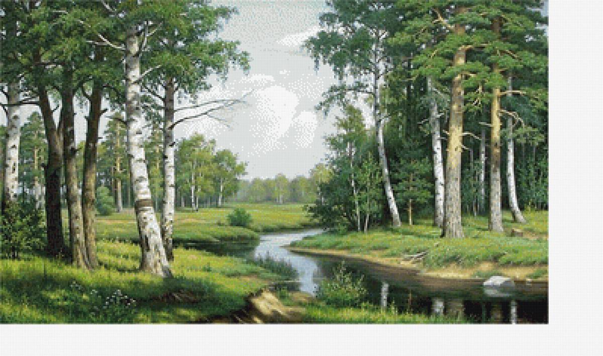 Пейзаж - речка, пейзаж, березы, природа, сосны, лето - предпросмотр