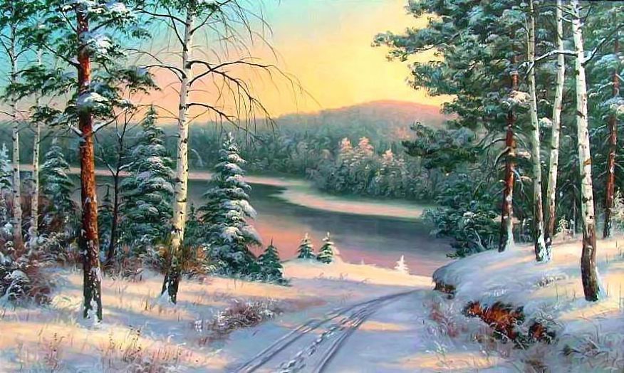 Зимний лес - зима, речка, лес, снег, березы, сосны - оригинал