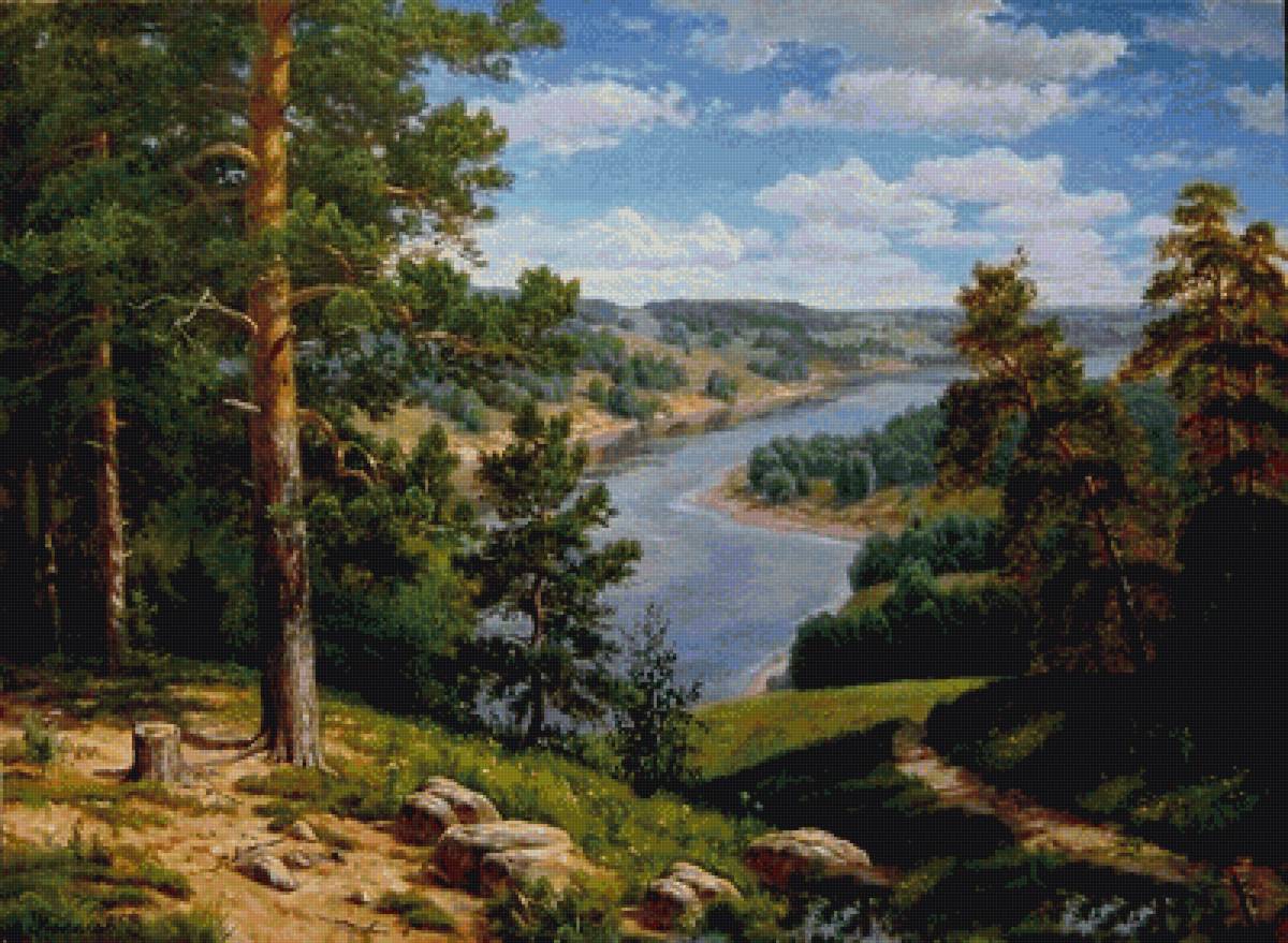 Пейзаж художника Потапова - лес, пейзаж, сосны, лето, река - предпросмотр