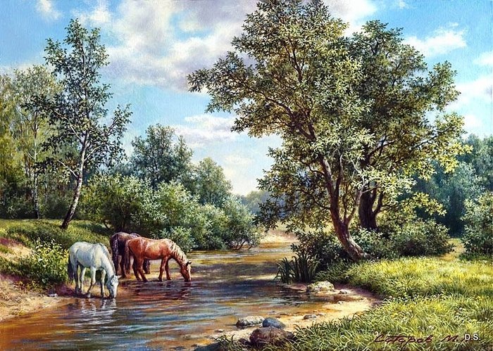 На водопое - лето, пейзаж, речка, лошади - оригинал