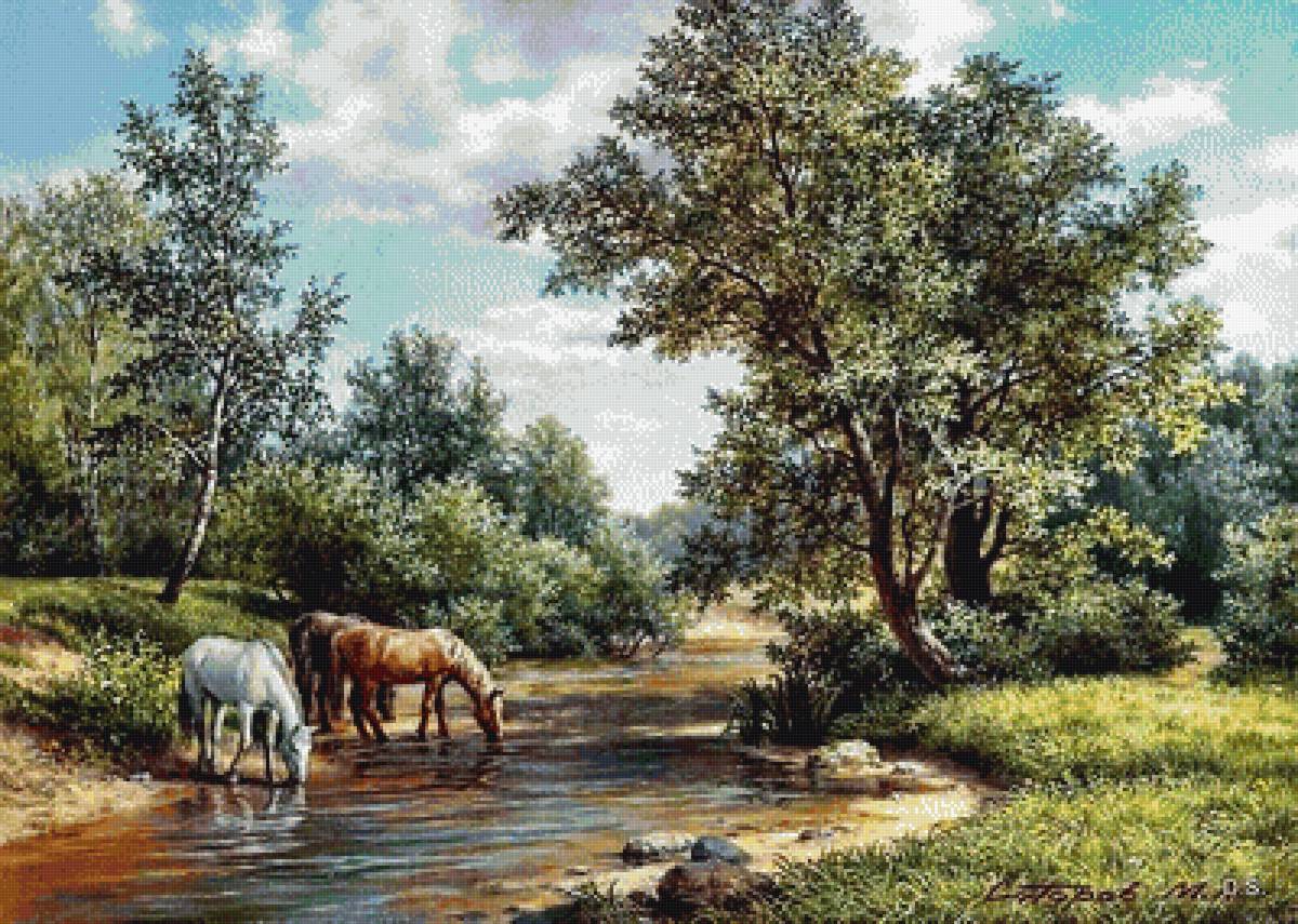 На водопое - лето, речка, пейзаж, лошади - предпросмотр