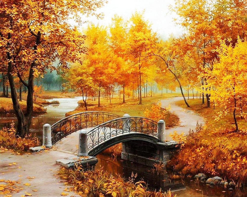 Осень в парке - мост, лес, река, осень - оригинал