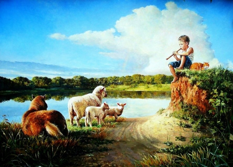 Пастушок - художник, животные, леонович, дети, пастораль, пастух - оригинал