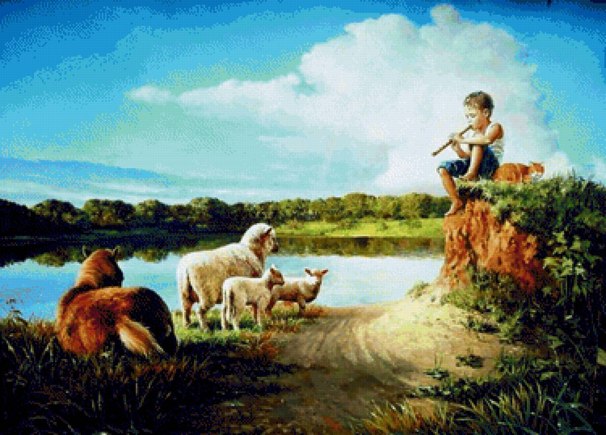 Пастушок - пастораль, леонович, дети, животные, художник, пастух - предпросмотр