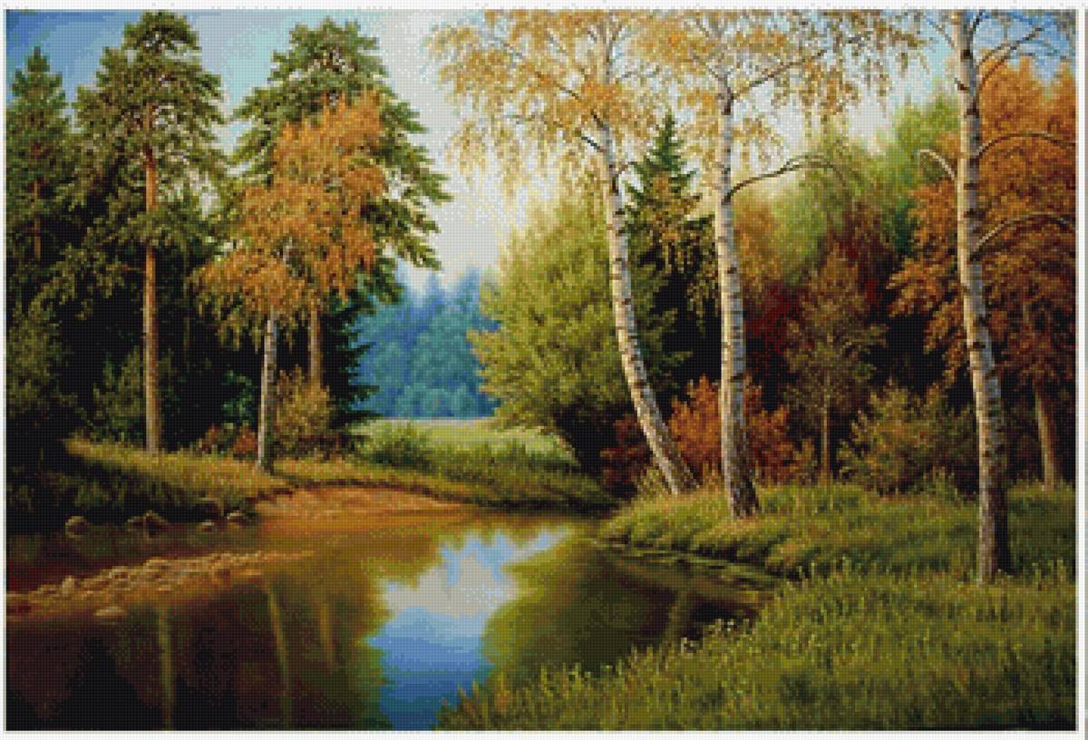 Пейзаж осени - пейзаж, осень, лес, речка, сосны, березы, природа - предпросмотр