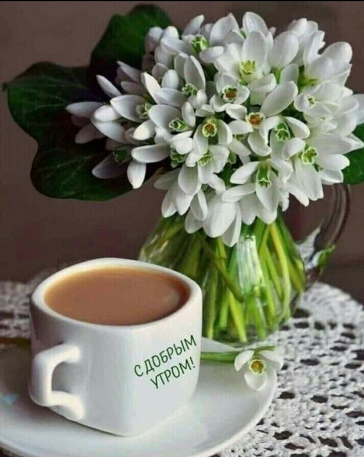 Завтрак весной - кофе, подснежники, белые цветы, утро - оригинал