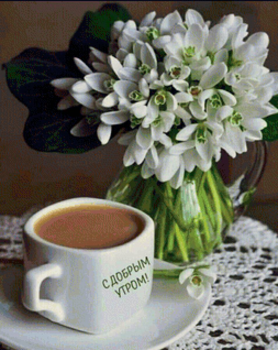 Завтрак весной - белые цветы, утро, кофе, подснежники - предпросмотр