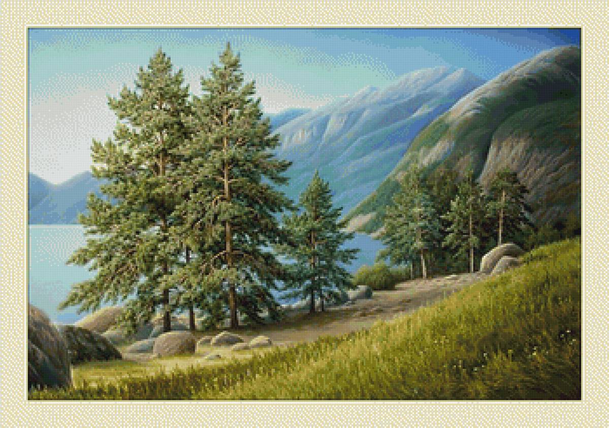 Горный пейзаж - сосны, пейзаж, озеро, горы - предпросмотр