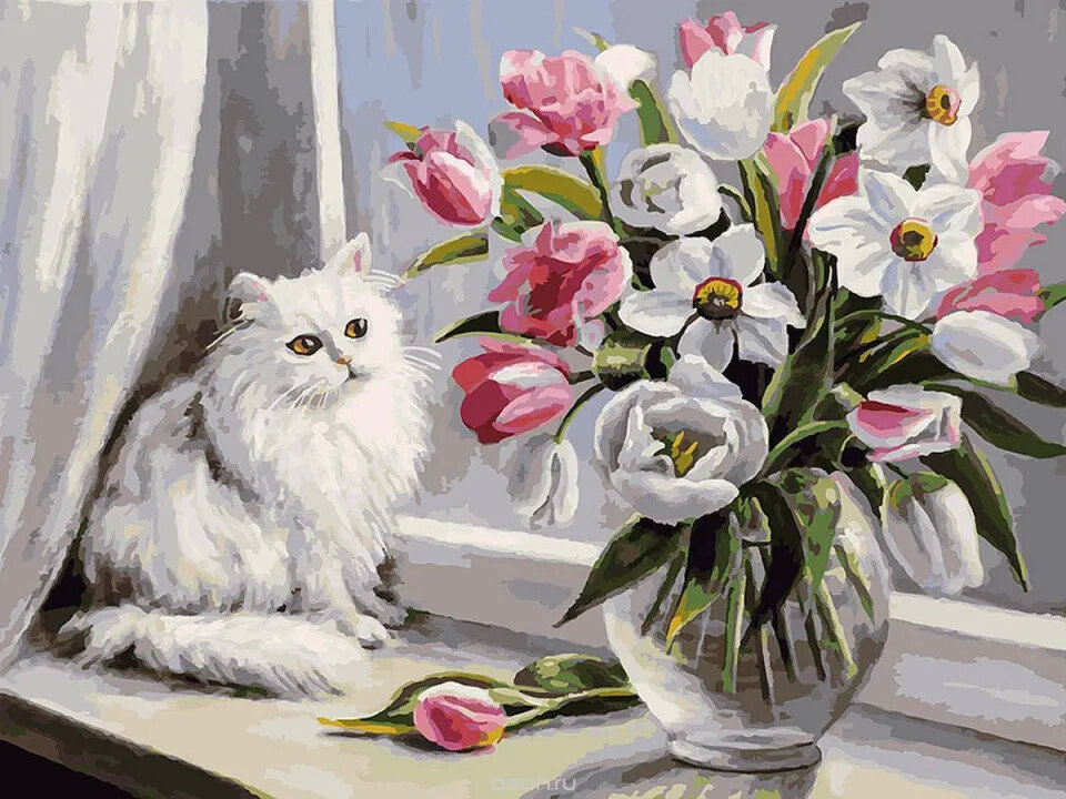 кот и цветы - вазон, кот, цветы - оригинал