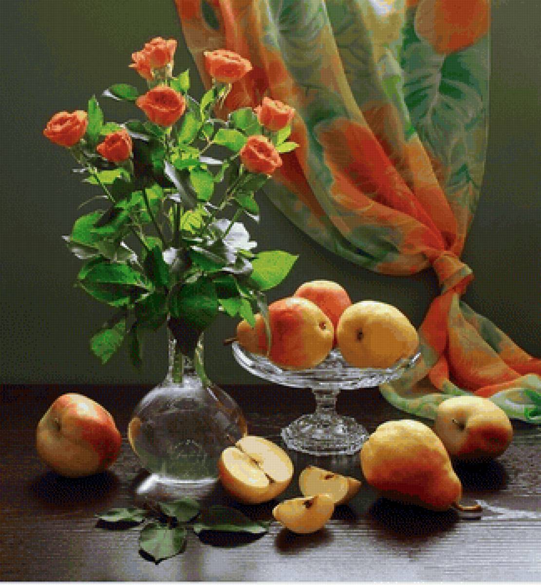 Натюрморт - груши, цветы, букет, яблоки, розы, натюрморт - предпросмотр