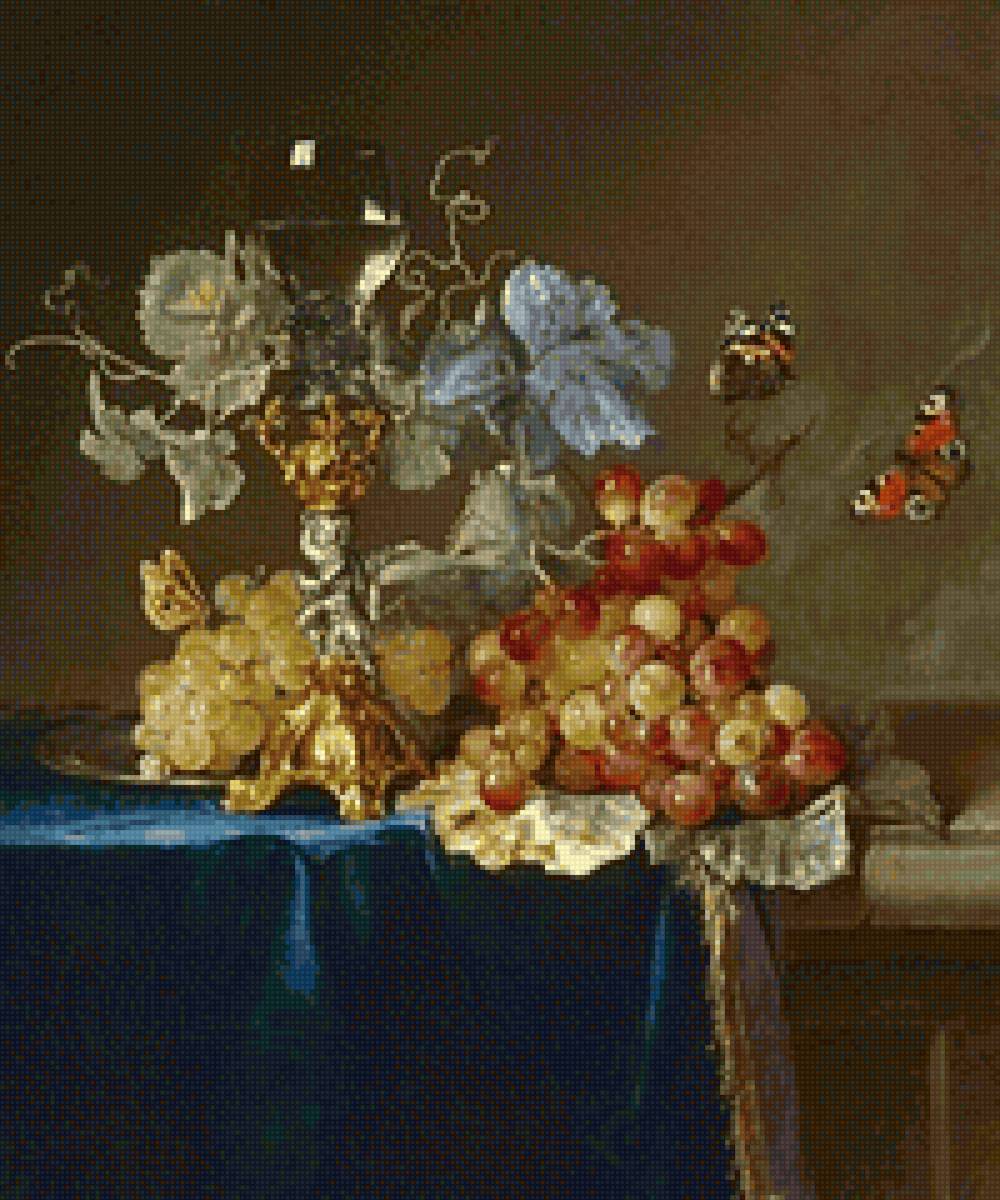 натюрморт с бабочками - натюрморт, виноград, бабочки - предпросмотр