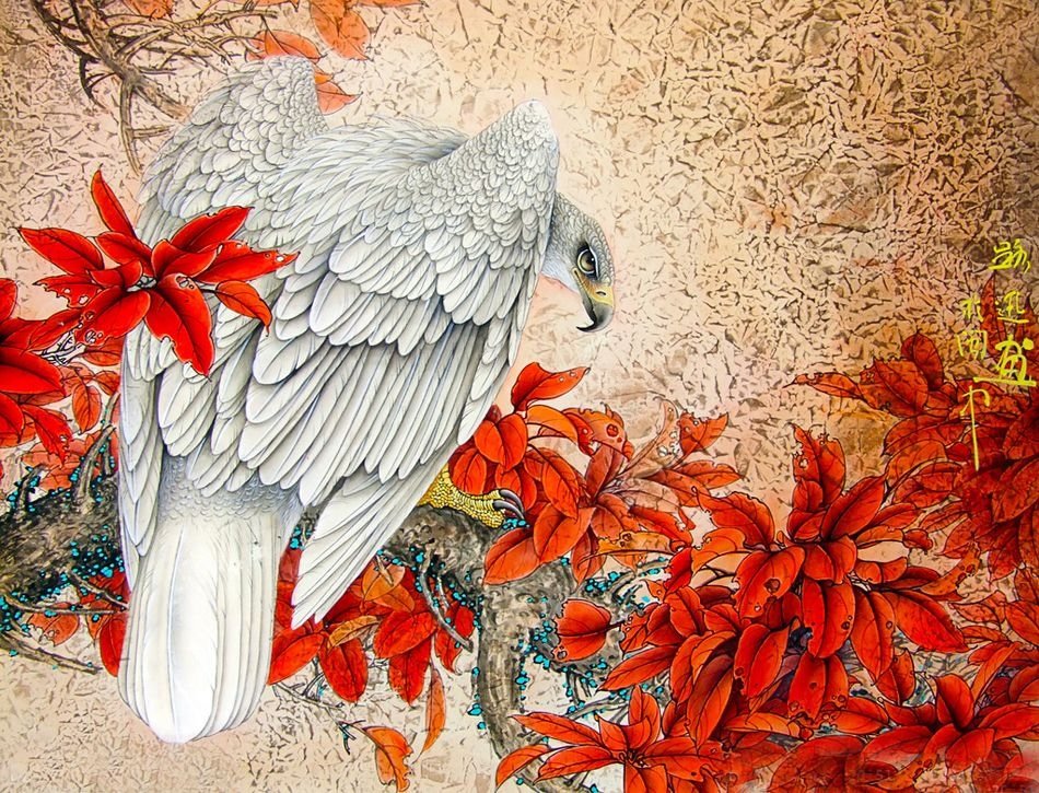 Falcão. - flores., pássaro - оригинал