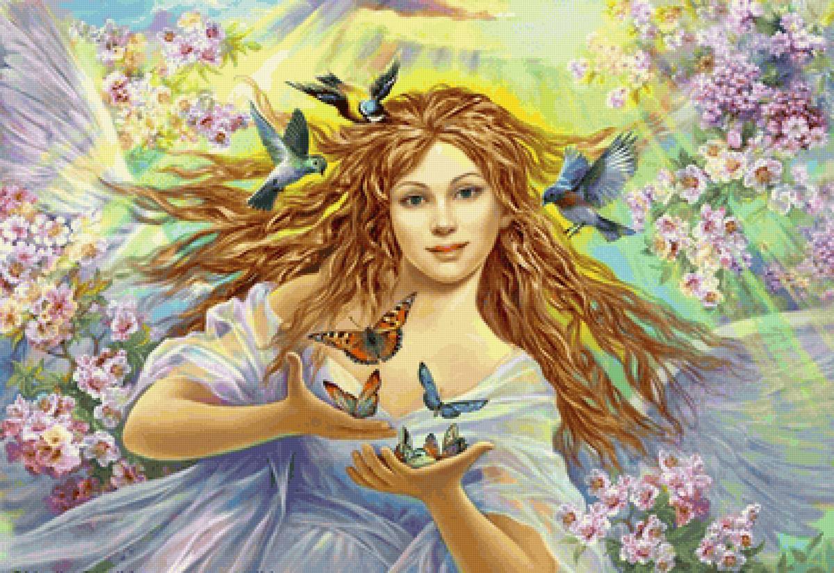 Fantasia. - borboletas., fantasia, menina, flores, pássaros - предпросмотр