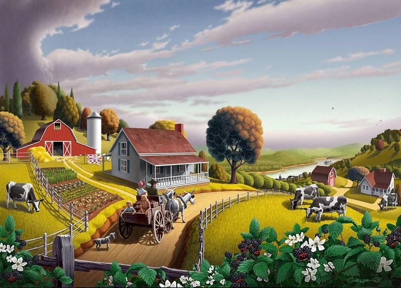 Fazenda agrícola. - animais, sitio, flores., casa - оригинал