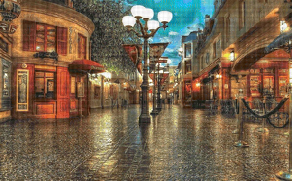 Дождливый вечер - пейзаж, вечер, фонари, улица, город - предпросмотр