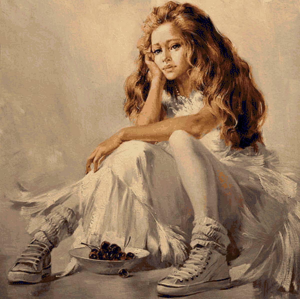 Девочка с черешней. - белое, черешня, девочка, платье - предпросмотр