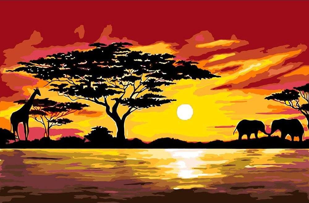 Саванна вечером - слон, савана, баобаб, солнце, жираф, закат - оригинал