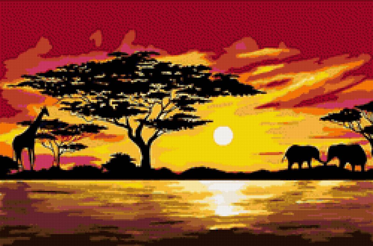 Саванна вечером - солнце, закат, жираф, слон, баобаб, савана - предпросмотр