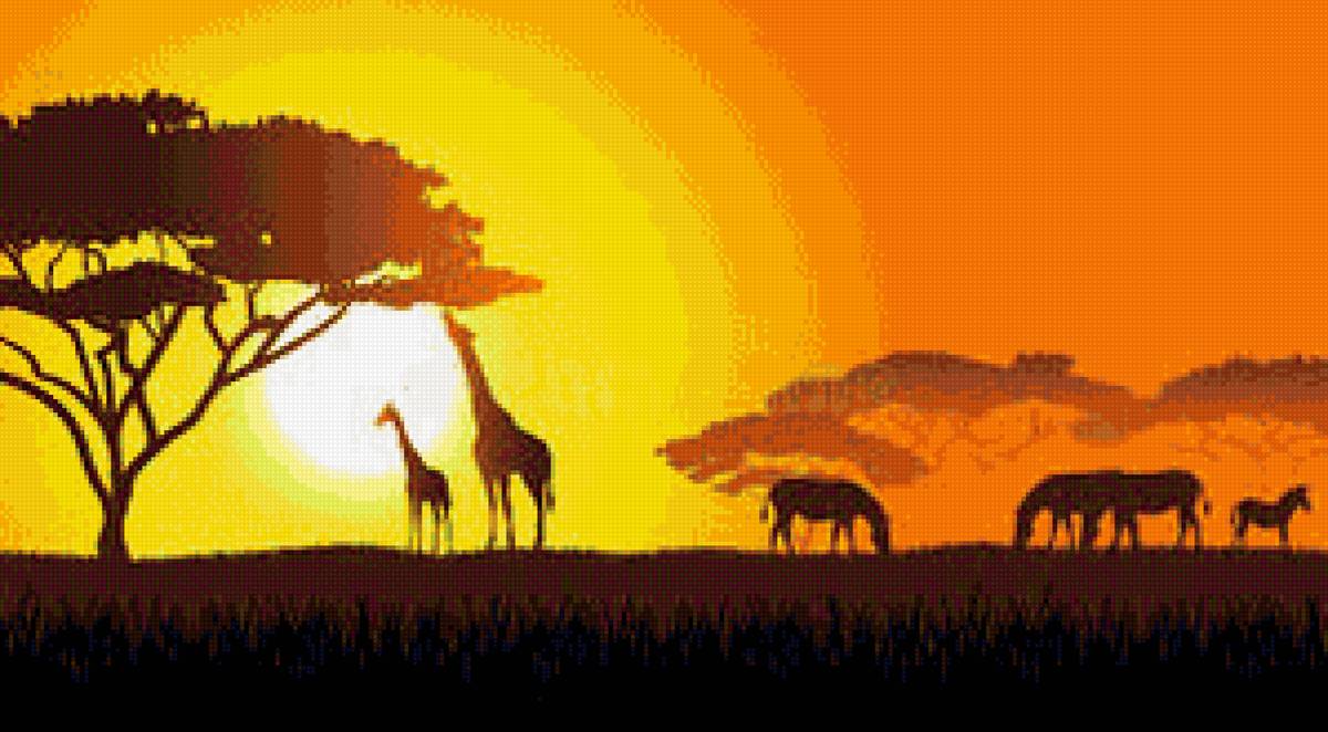 Вечер в саванне - солнце, слон, закат, савана, жираф, баобаб - предпросмотр