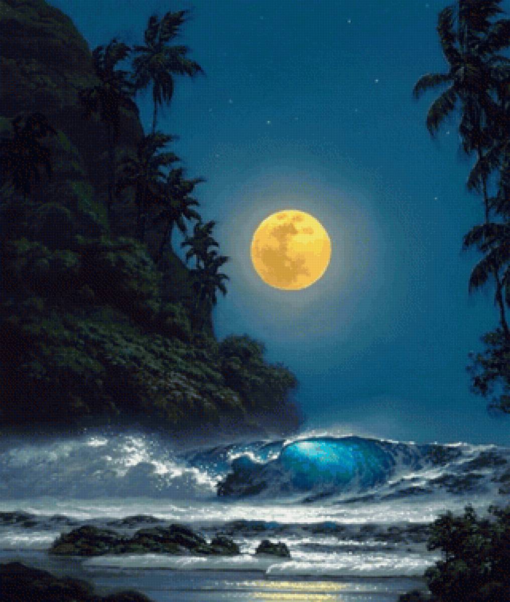 Лунная ночь - пейзаж, море, луна, волна, ночь - предпросмотр