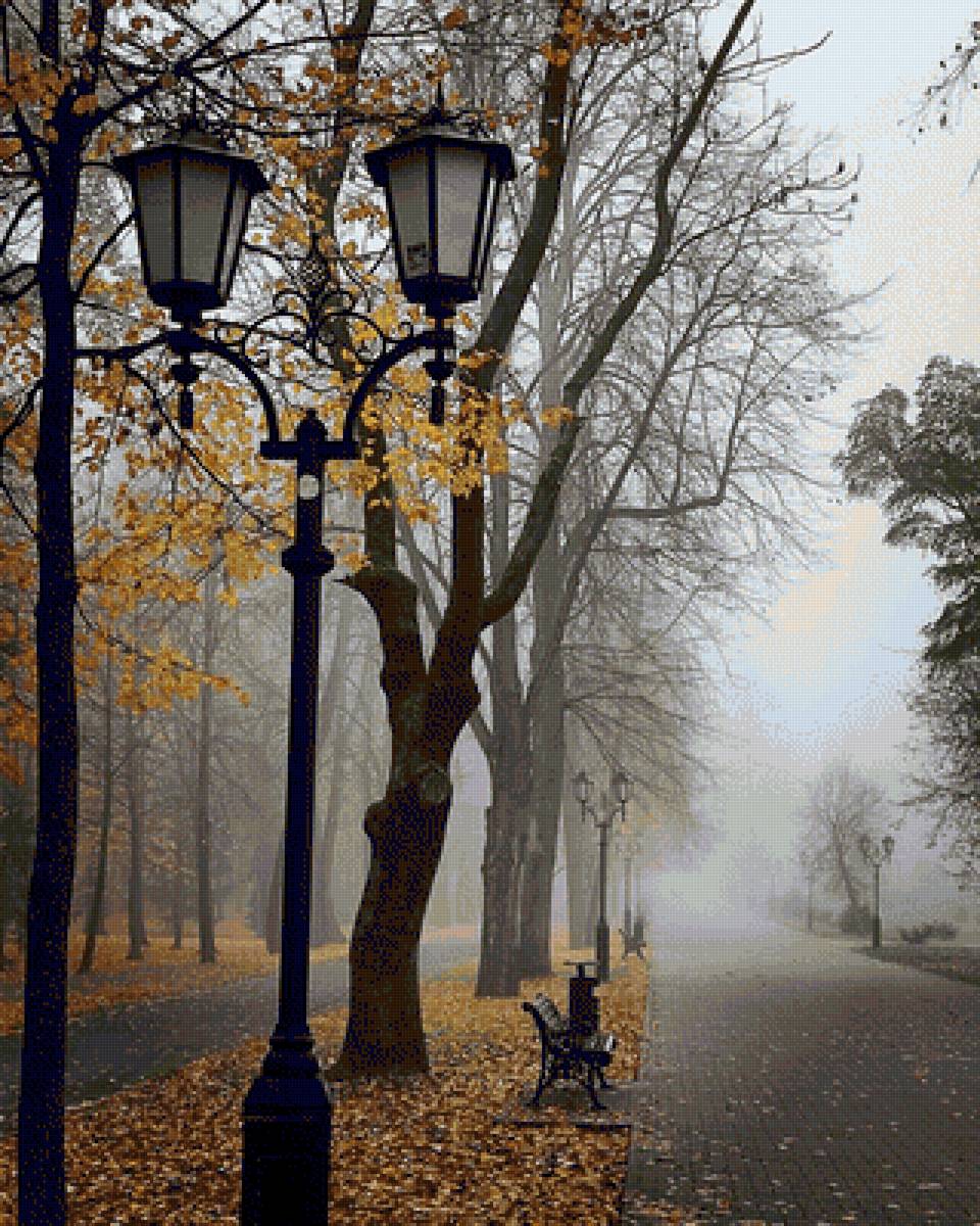 Поздняя осень. - поздняя, туман, парк, пейзаж осень, фонарь, скамейка - предпросмотр