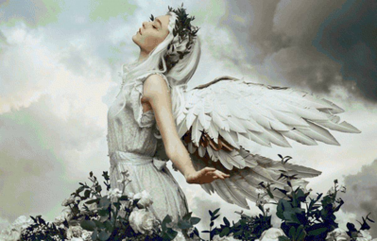 Душа...как ветер... - девочка, ангел, небо, цветы, платье, крылья, белое - предпросмотр