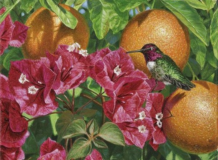 Pássaro. - pássaro, flores.frutas. - оригинал