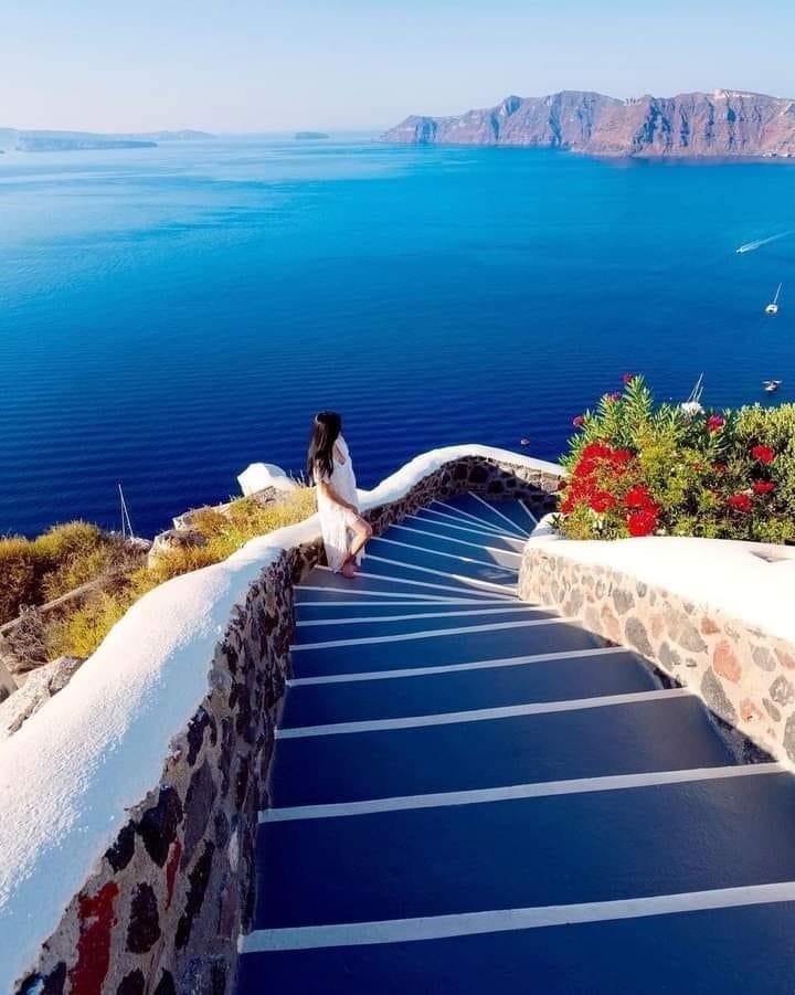 Paisaje Santorini la caldera - агуа, paisaje, escalera, azul, кальдера - оригинал