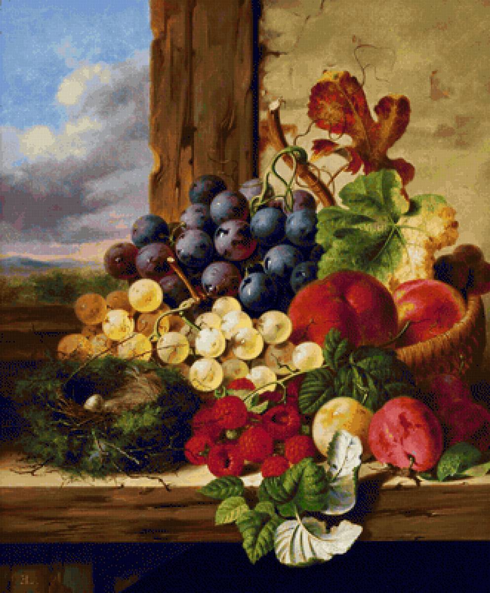 ЭДВАРД ЛАДЕЛЛ. НАТЮРМОРТ. ВИНОГРАД, ПЕРСИКИ, МАЛИНА И ГНЕЗДО - фрукты, натюрморт - предпросмотр