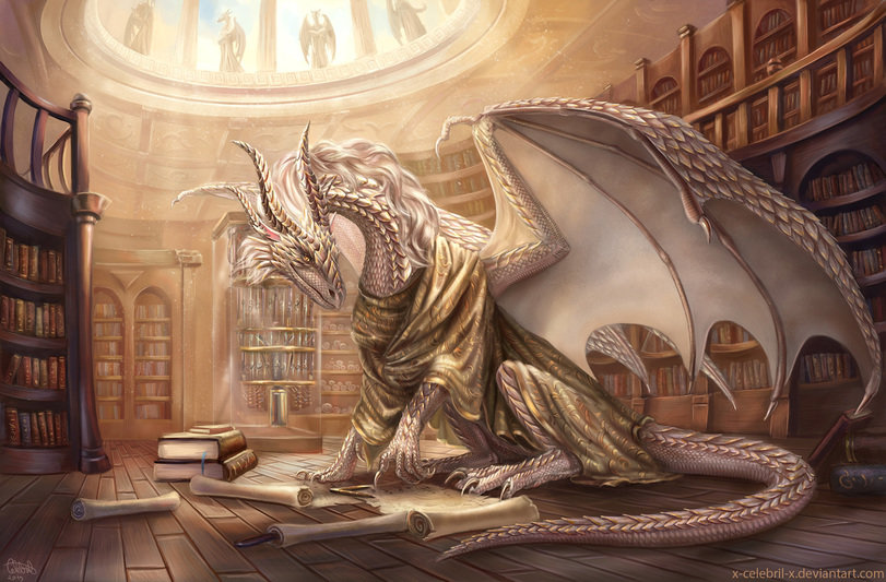 Дракон-книгочей - библиотека, сепия, дракон, книги - оригинал