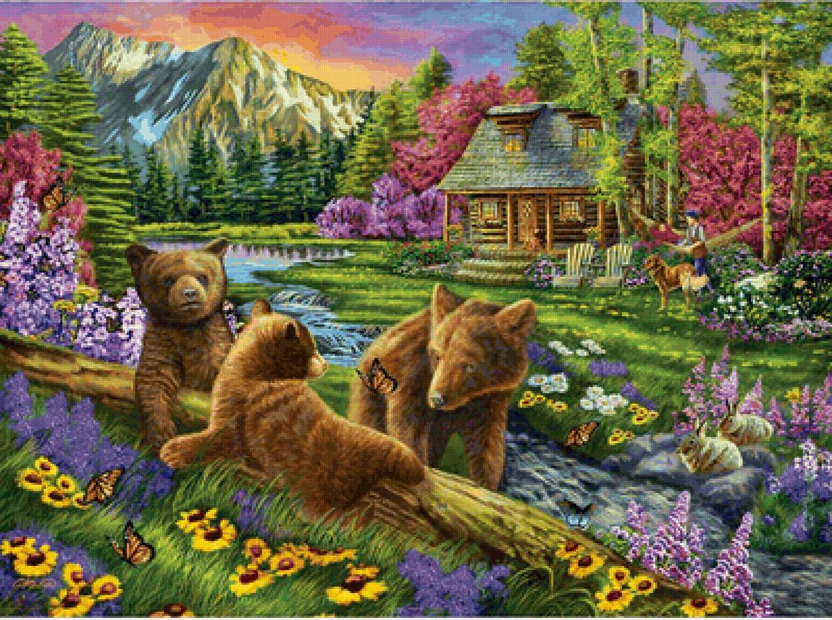 Cabana nas montanhas. - rio, casa, paisagens., flores.animais - предпросмотр