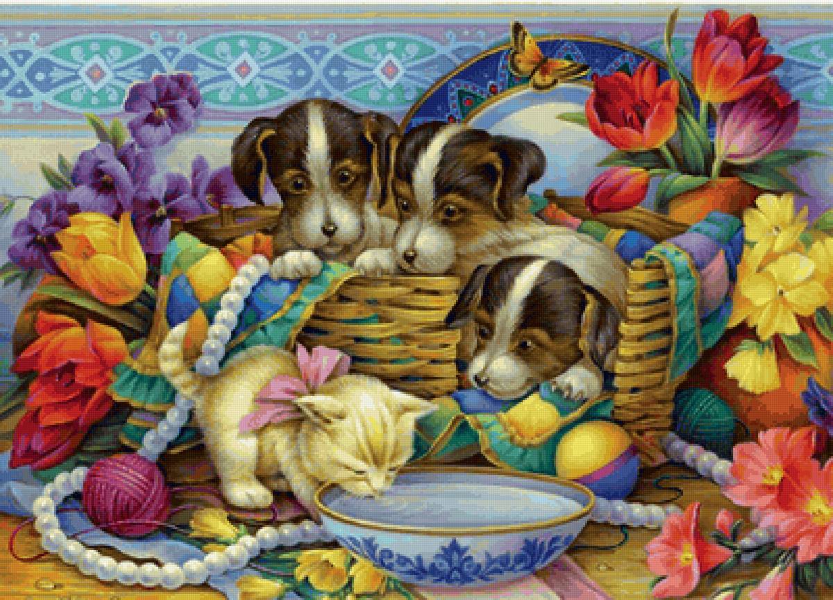 Filhotes de cães. - ilustração, pintura., animais.flores - предпросмотр