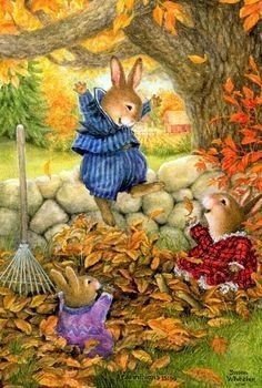 Листва и зайцы - дерево, листья, зайцы, осень - оригинал