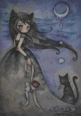 девочка с котенком - девочка, ночь, луна, котенок - оригинал