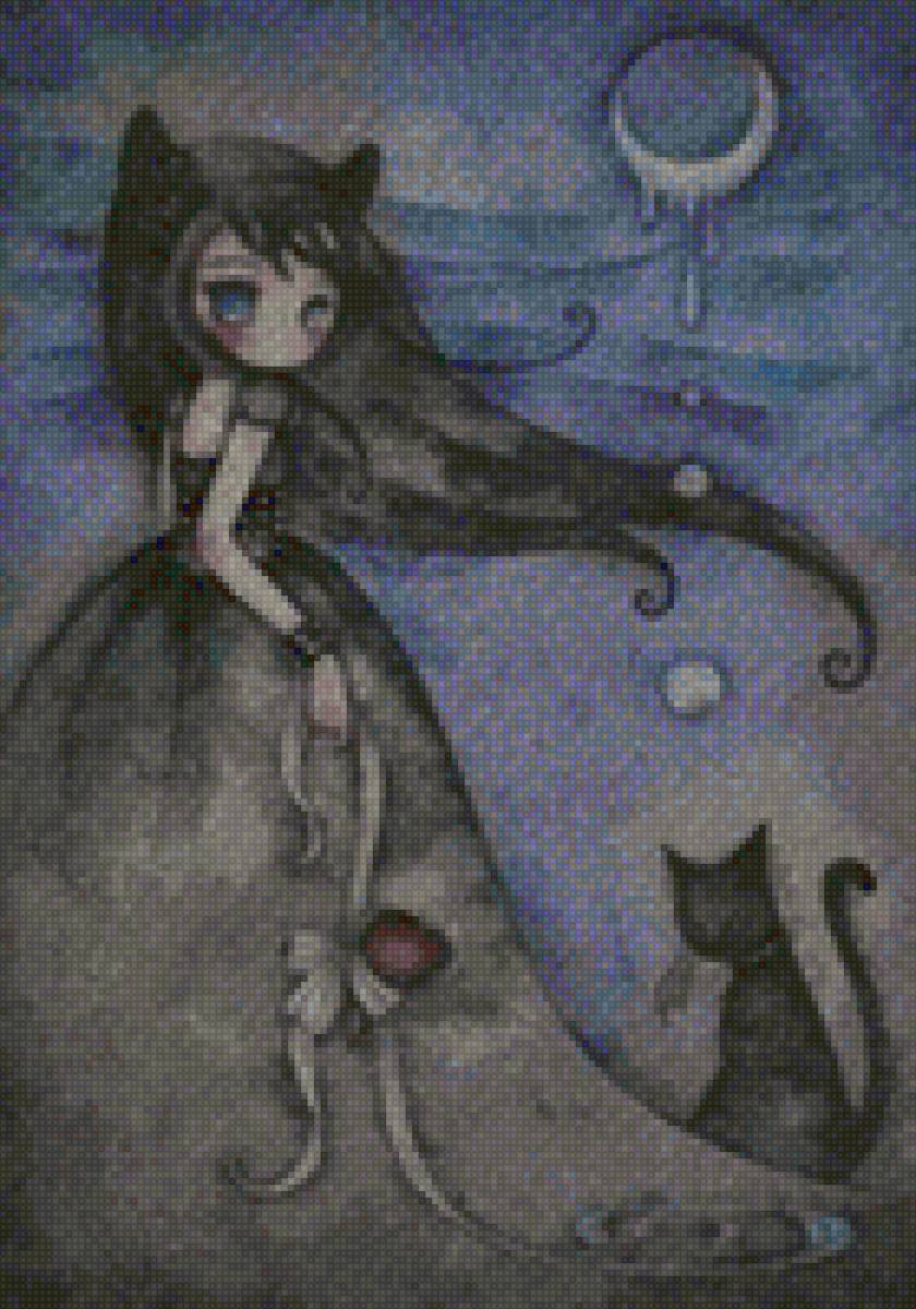 девочка с котенком - ночь, луна, котенок, девочка - предпросмотр