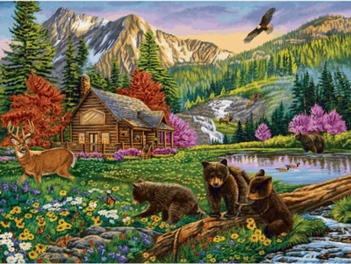 Casa nas montanhas. - lago., animais .flores. montanhas - предпросмотр